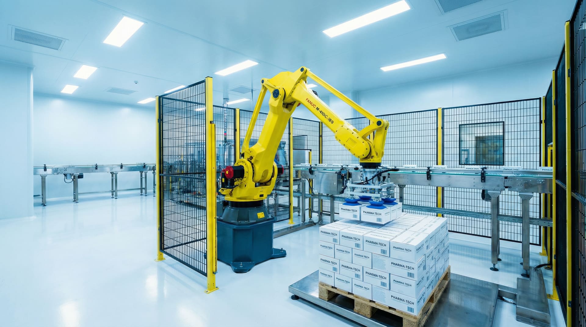 FANUC M-410iC palletizing robot stacking boxes in a clean pharmaceutical facility